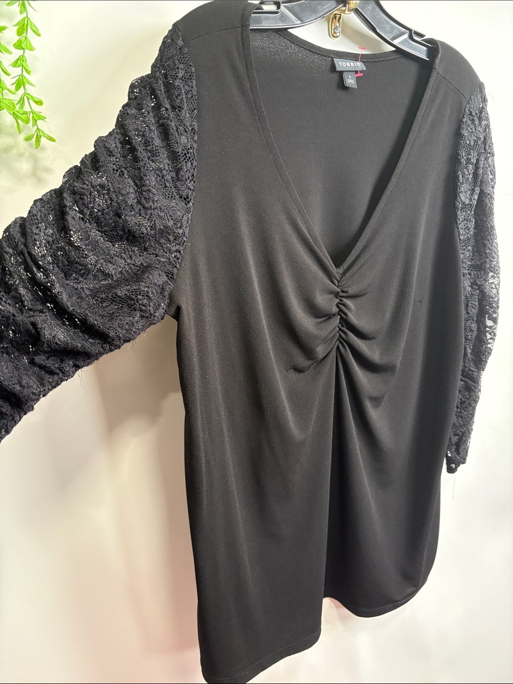 torrid Black V-Neck Ruched Front Top with Lace  Sleeves